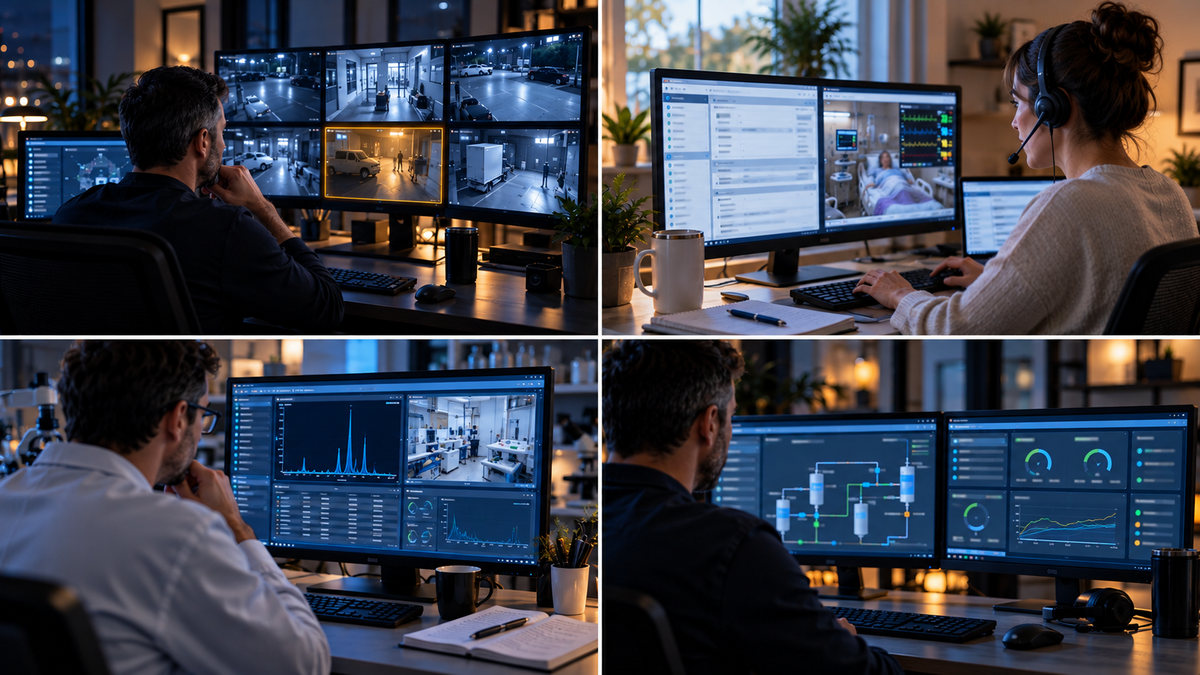 Four scenes of people working remotely at desks: a security operator watching a wall of camera feeds, a nurse in an electronic medical record, a scientist reviewing instrument results, and an operator monitoring an industrial process screen.